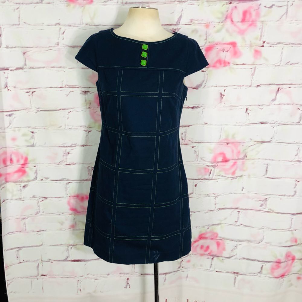 Lilly Pulitzer navy cap sleeve green jewel neckline stitched shift dress